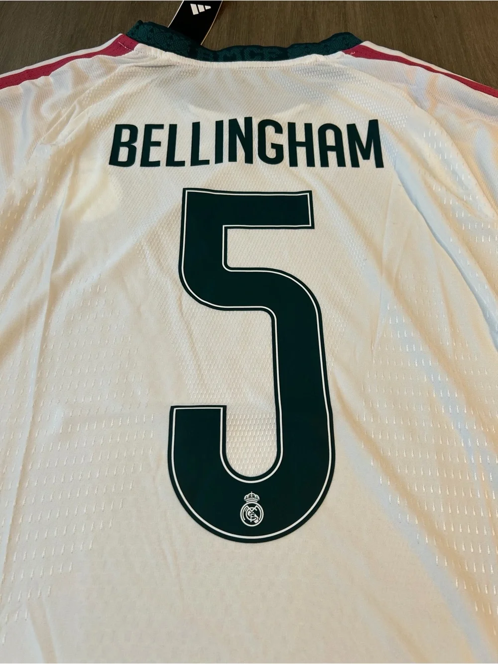 adidas White Men's Soccer Jersey with Dark Green Numbering (Bellingham 5)